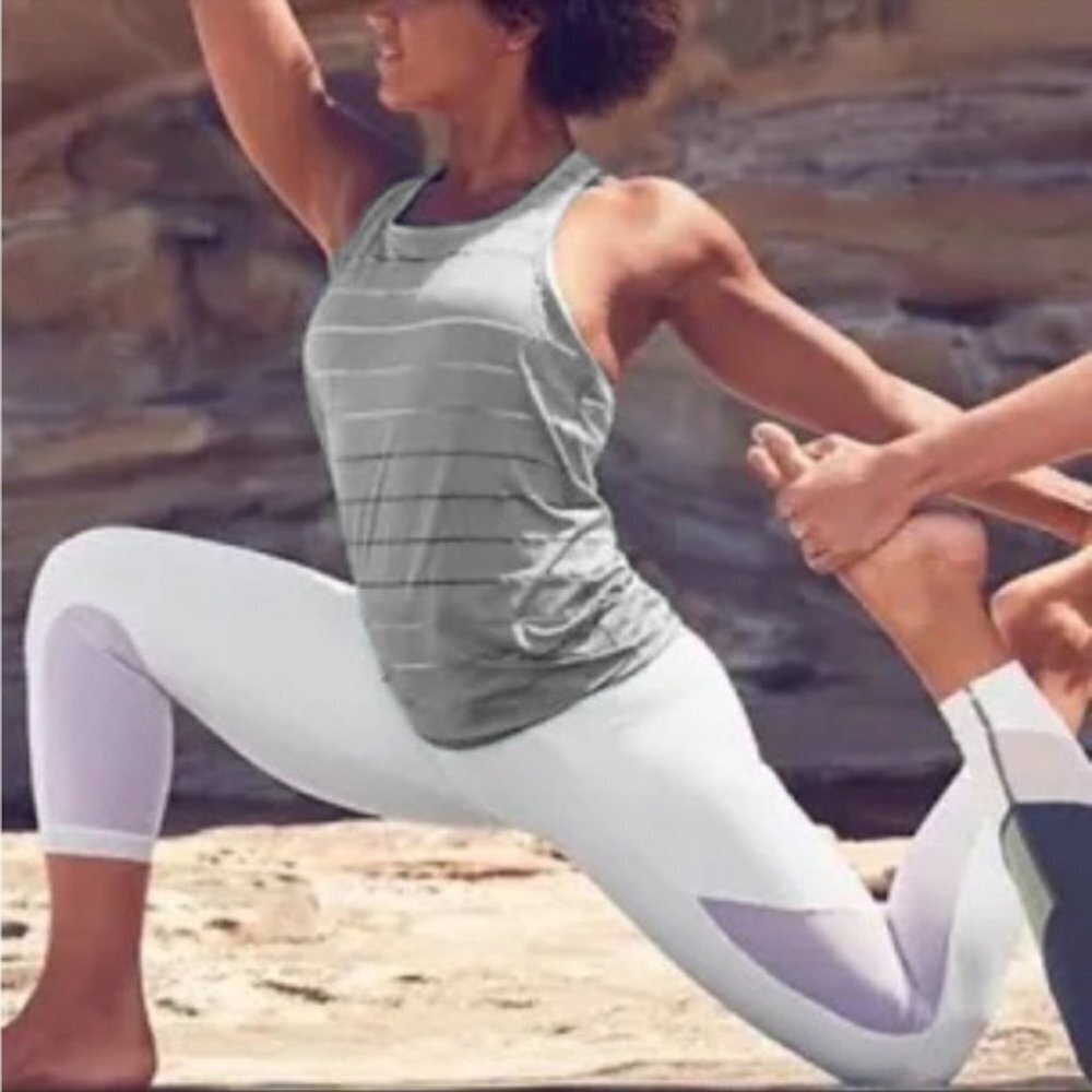 Athleta Gray Striped Mesh Chi Tank Razorback Top High Neck